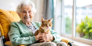 Two elderly residents smiling and talking with a caregiver in a comfortable, sunlit common room.