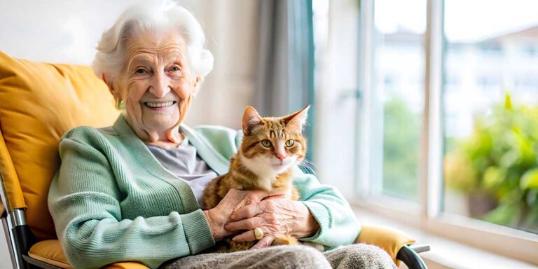 Two elderly residents smiling and talking with a caregiver in a comfortable, sunlit common room.